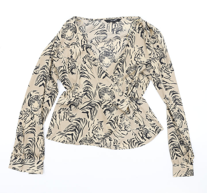 VERO MODA Womens Brown Animal Print Viscose Basic Blouse Size XS V-Neck - Tiger Print