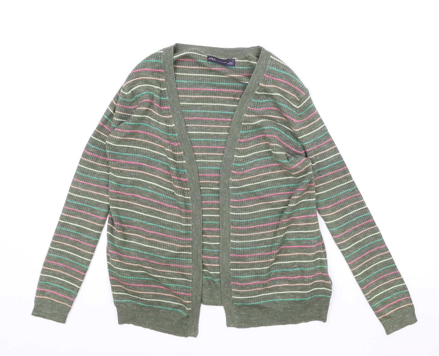 Marks and Spencer Womens Green V-Neck Striped Acrylic Cardigan Jumper Size S
