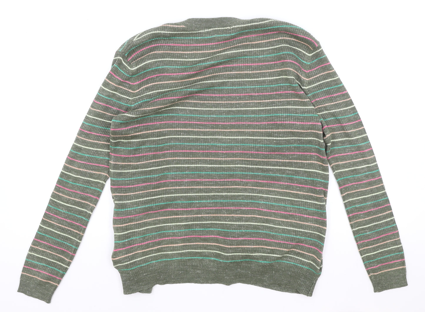 Marks and Spencer Womens Green V-Neck Striped Acrylic Cardigan Jumper Size S