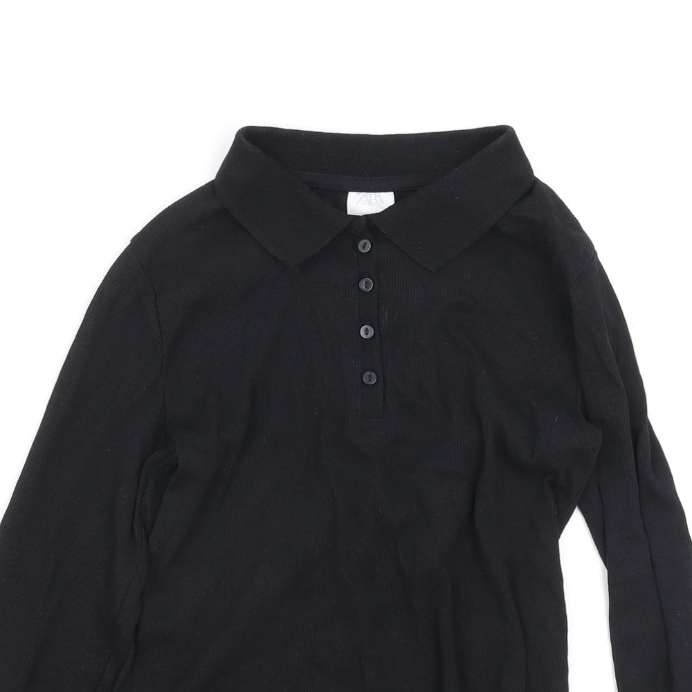 Zara Womens Black Polyester Basic Button-Up Size 10 V-Neck