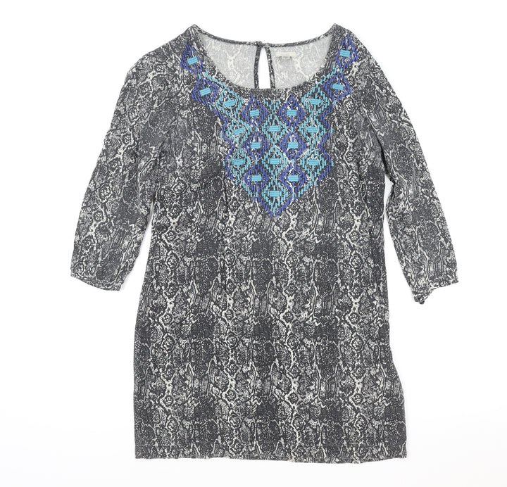 Ecote Womens Grey Animal Print Rayon Shift Size S Round Neck Button - Snake Print