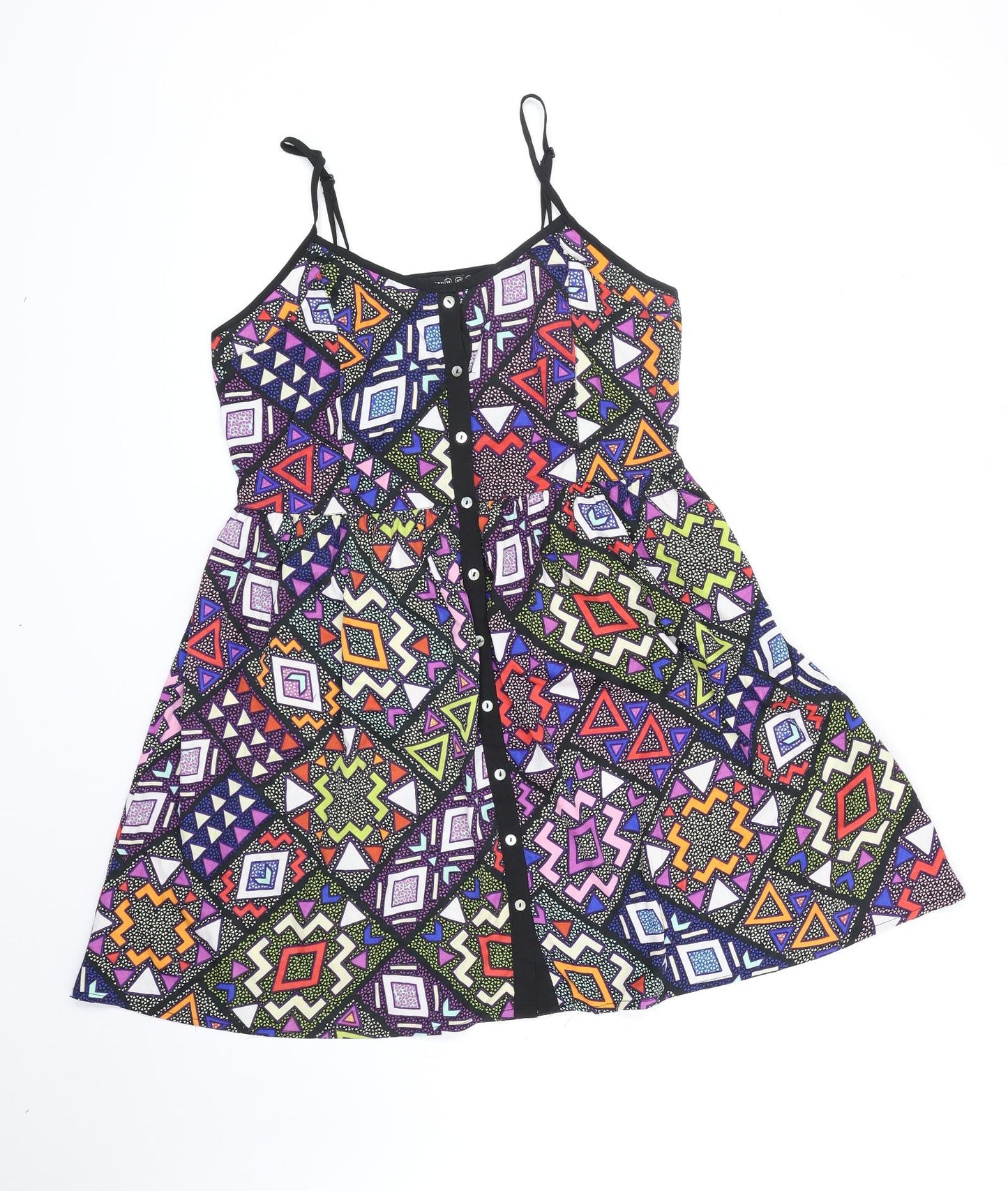 Primark Womens Multicoloured Geometric Polyester A-Line Size 14 V-Neck Button