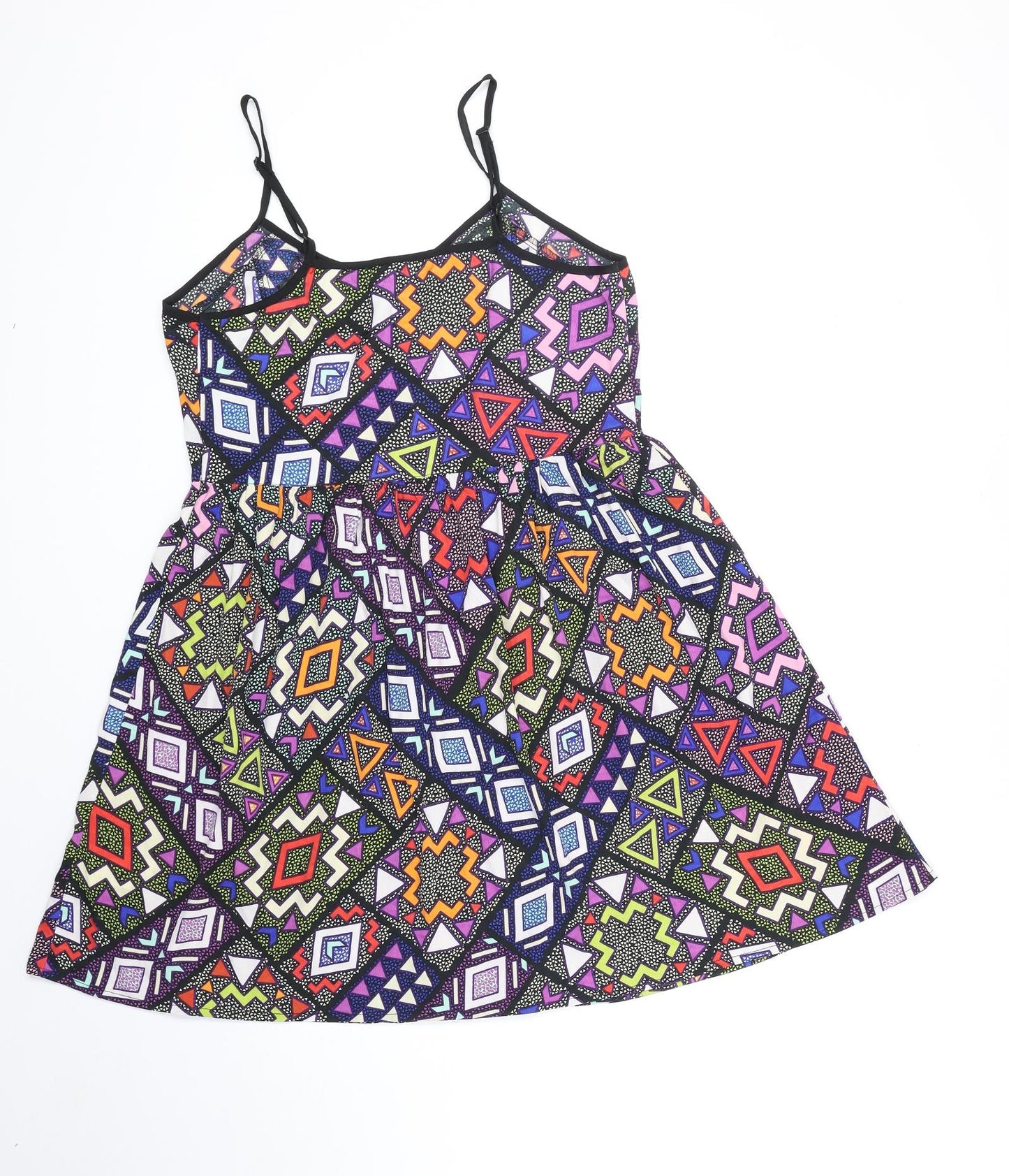 Primark Womens Multicoloured Geometric Polyester A-Line Size 14 V-Neck Button