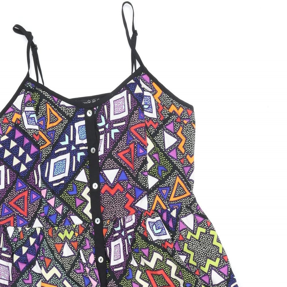 Primark Womens Multicoloured Geometric Polyester A-Line Size 14 V-Neck Button