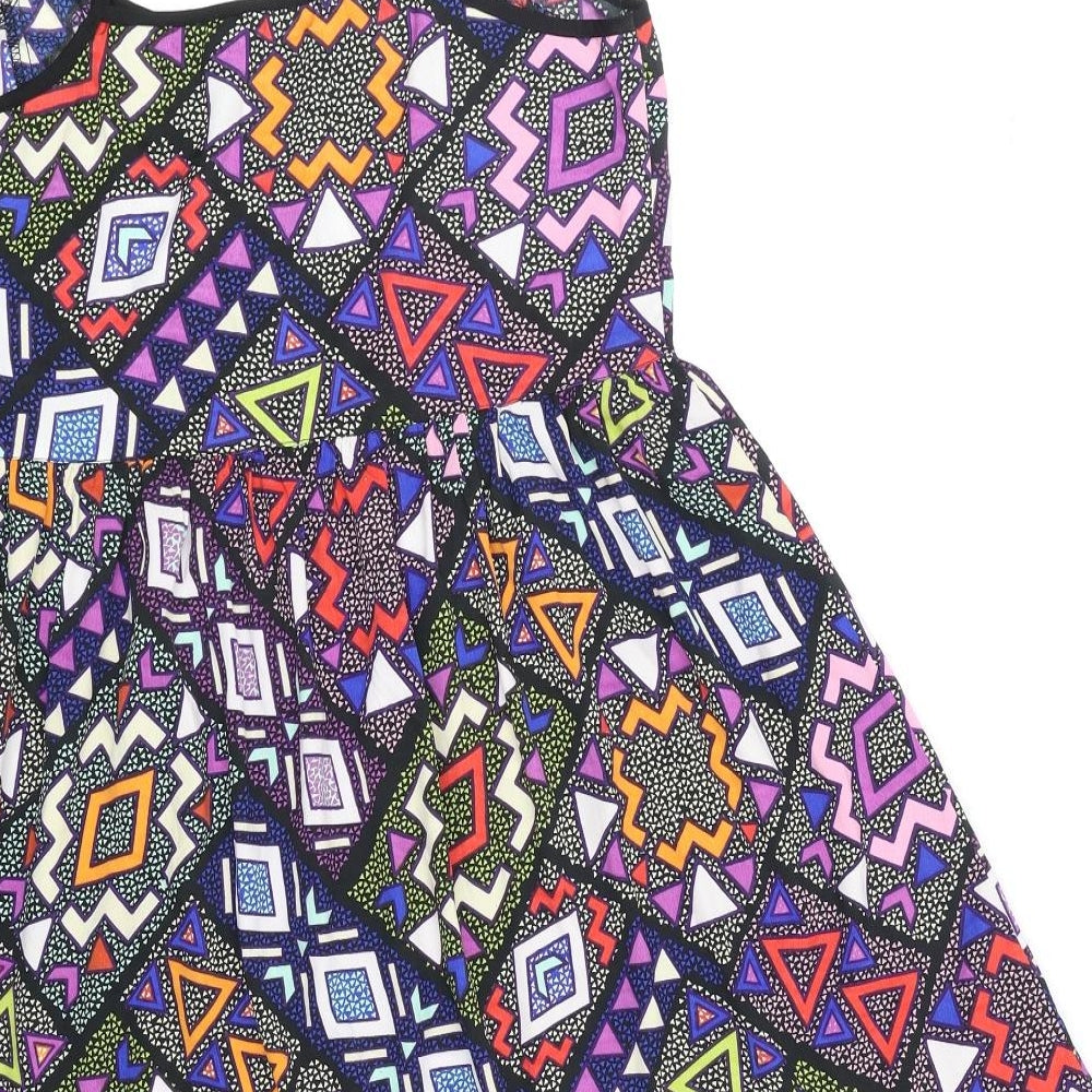 Primark Womens Multicoloured Geometric Polyester A-Line Size 14 V-Neck Button