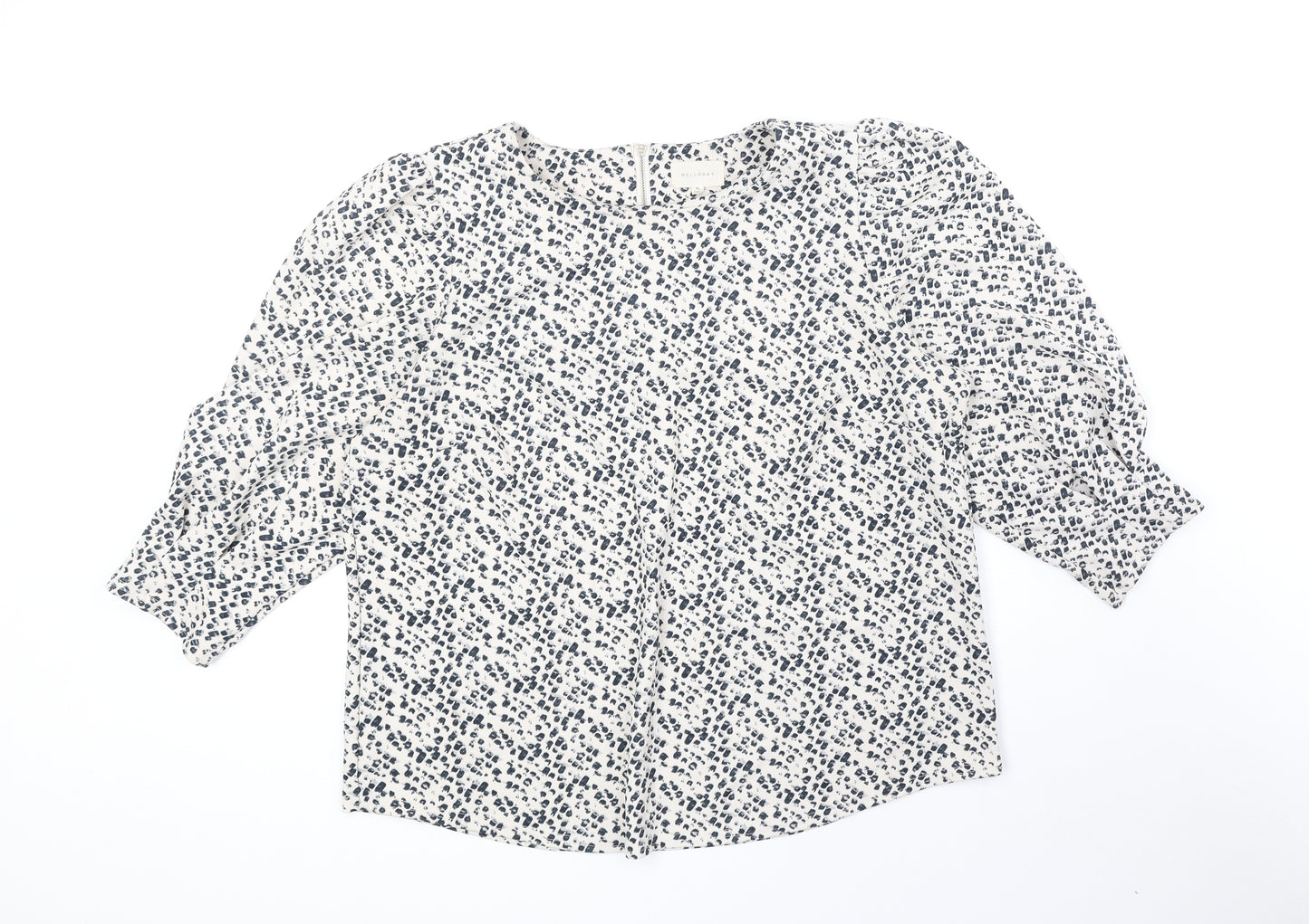 Mellóday Womens Beige Geometric Polyester Basic Blouse Size XL Boat Neck - Puff Sleeve