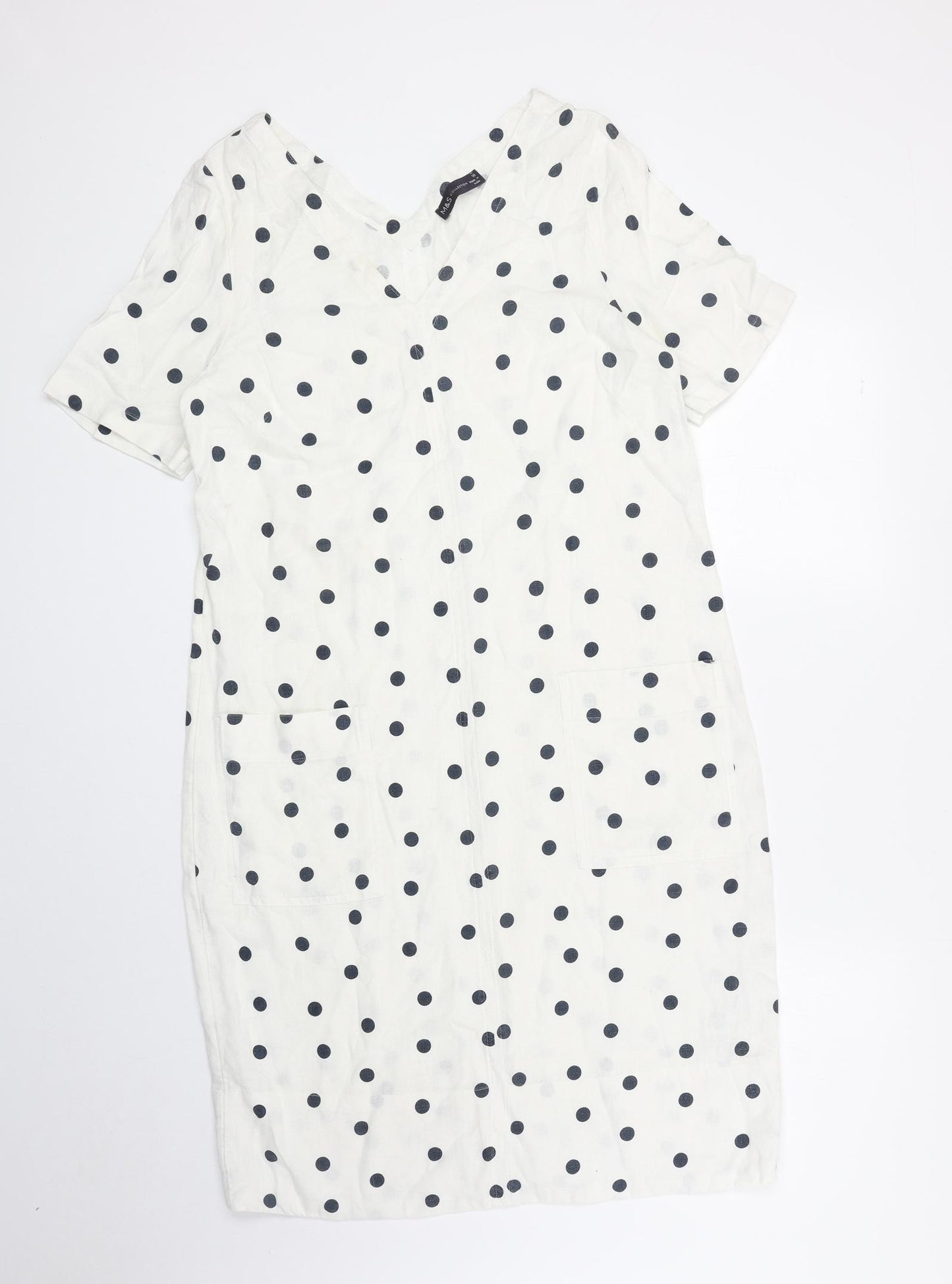 Marks and Spencer Womens White Polka Dot Linen A-Line Size 10 V-Neck Pullover