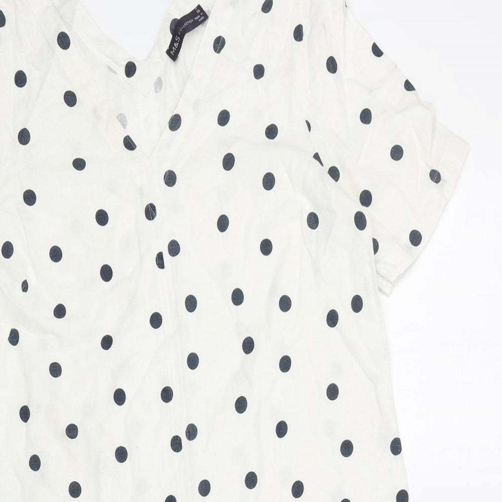 Marks and Spencer Womens White Polka Dot Linen A-Line Size 10 V-Neck Pullover
