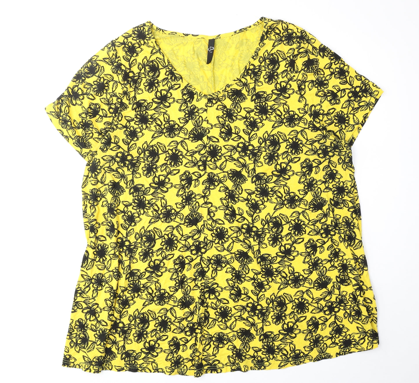 Yours Womens Yellow Floral Polyester Basic T-Shirt Size 22 V-Neck