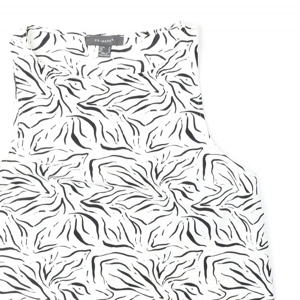 Primark Womens White Geometric Polyester Basic Tank Size 10 Round Neck