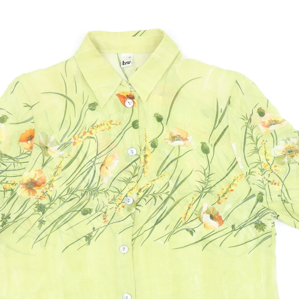 tru Womens Green Geometric Viscose Basic Button-Up Size 12 V-Neck
