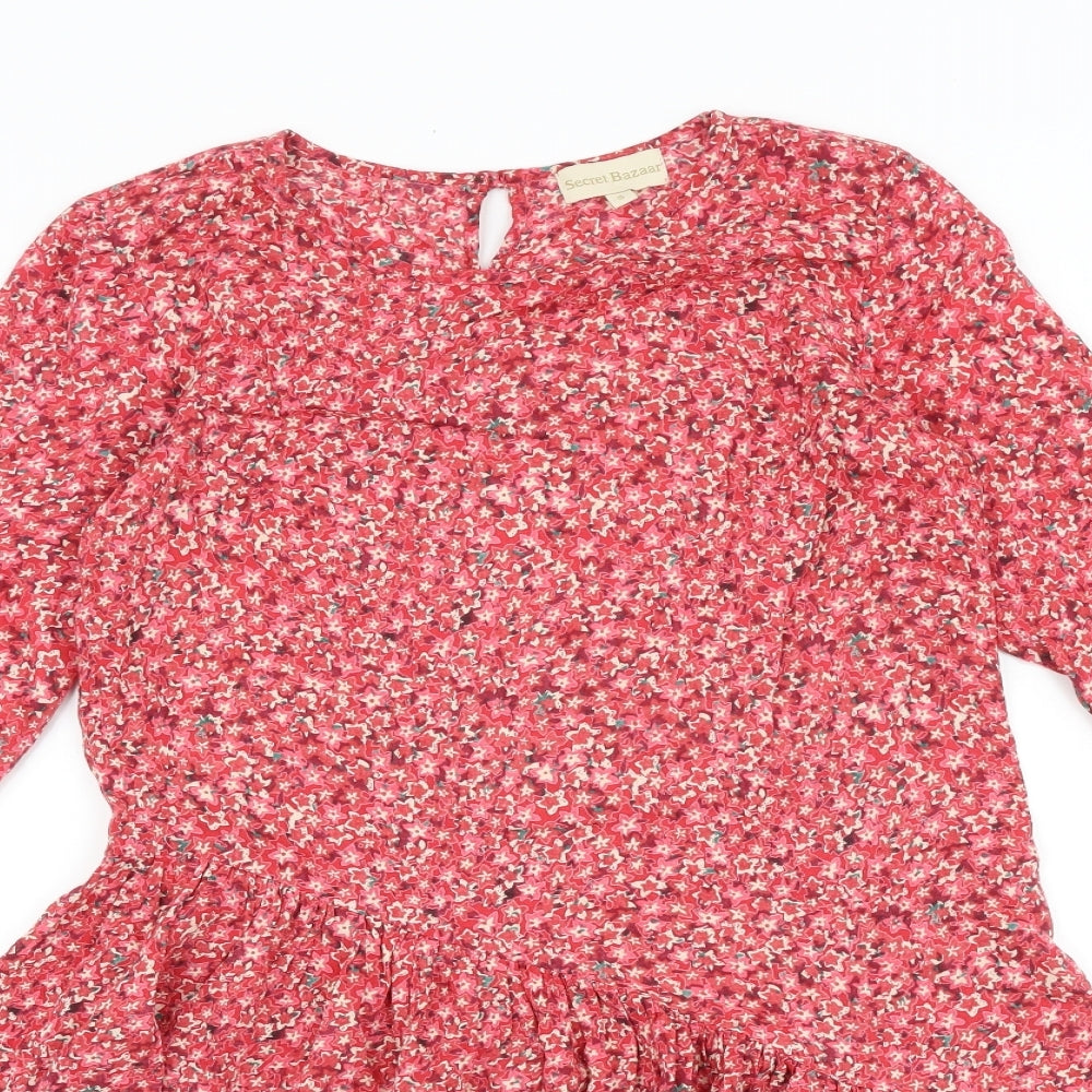 Secret Bazaar Womens Red Geometric Viscose A-Line Size S Round Neck Button