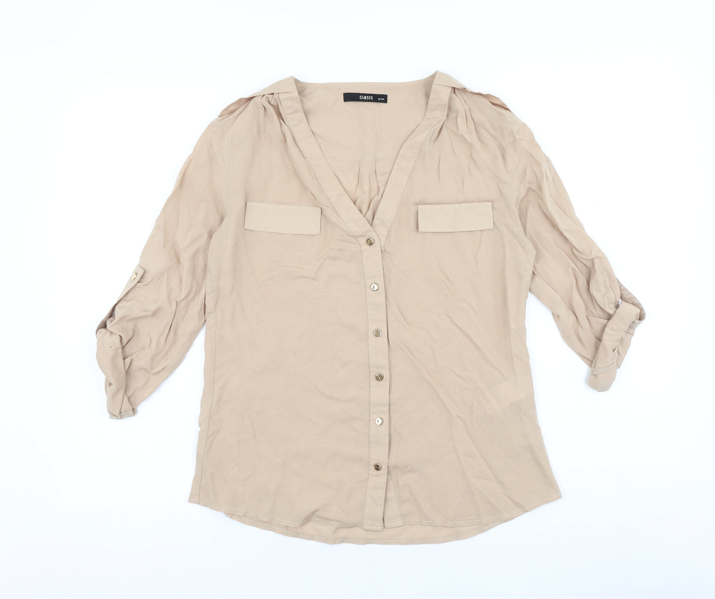 Oasis Womens Beige Viscose Basic Button-Up Size 8 V-Neck