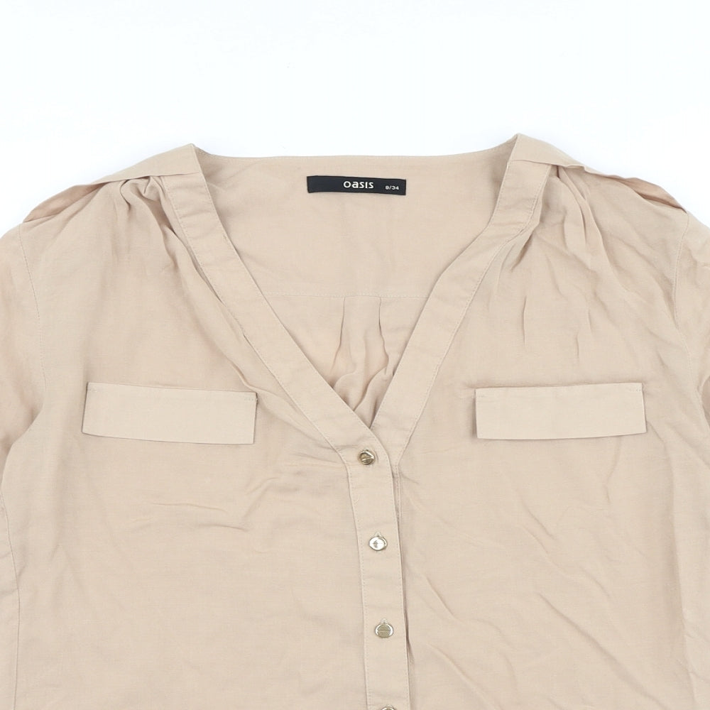 Oasis Womens Beige Viscose Basic Button-Up Size 8 V-Neck
