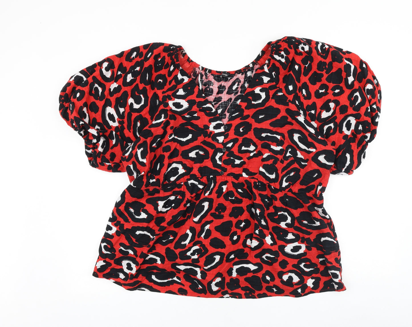 Primark Womens Red Animal Print Polyester Basic Blouse Size 20 V-Neck - Leopard Print Puff Sleeve
