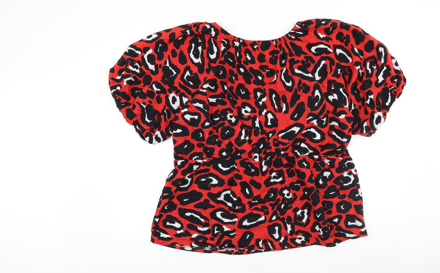 Primark Womens Red Animal Print Polyester Basic Blouse Size 20 V-Neck - Leopard Print Puff Sleeve