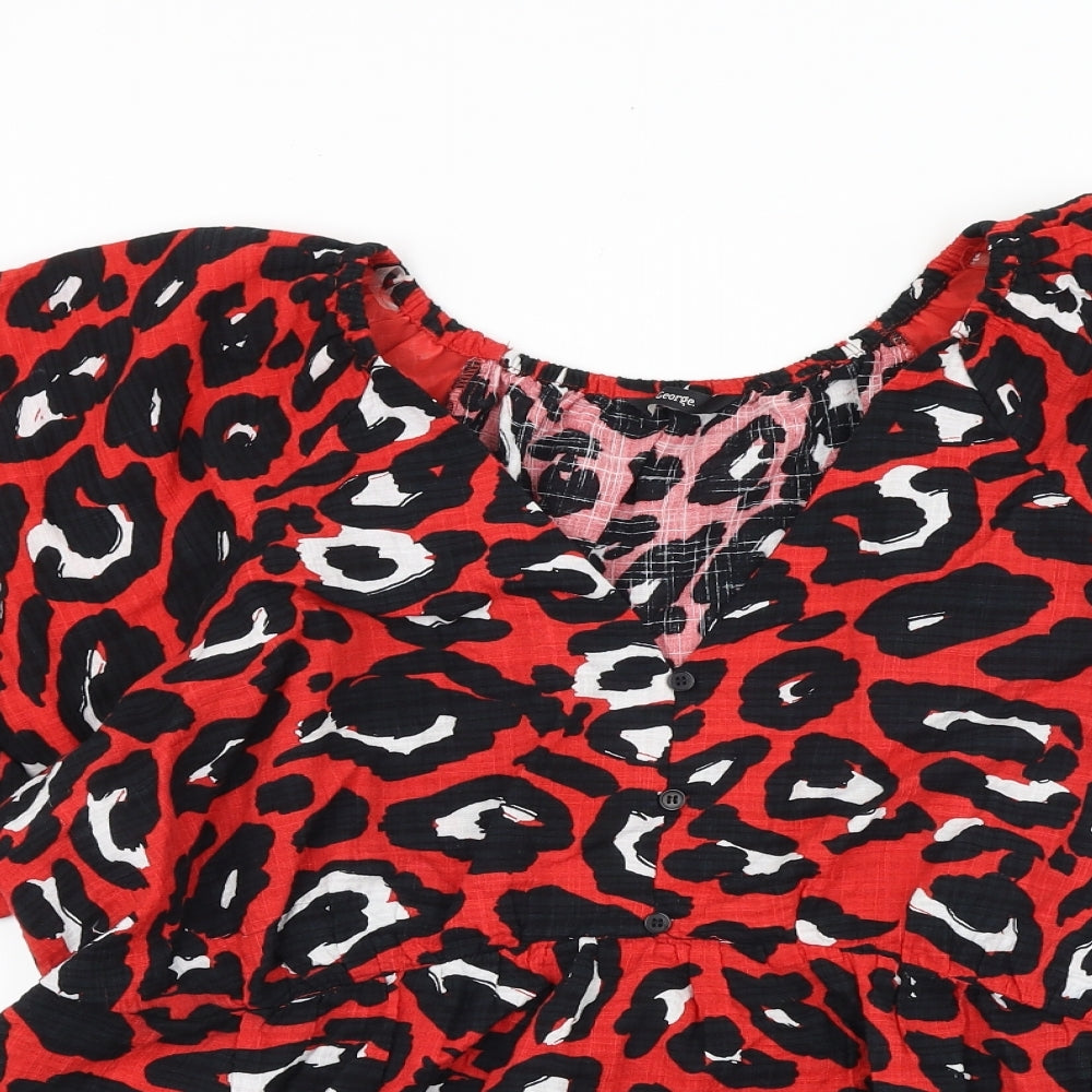 Primark Womens Red Animal Print Polyester Basic Blouse Size 20 V-Neck - Leopard Print Puff Sleeve