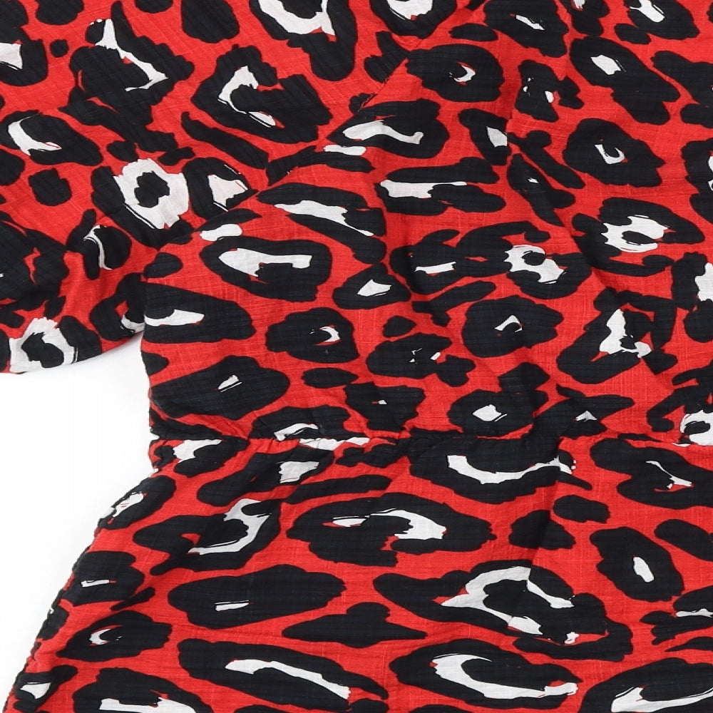 Primark Womens Red Animal Print Polyester Basic Blouse Size 20 V-Neck - Leopard Print Puff Sleeve