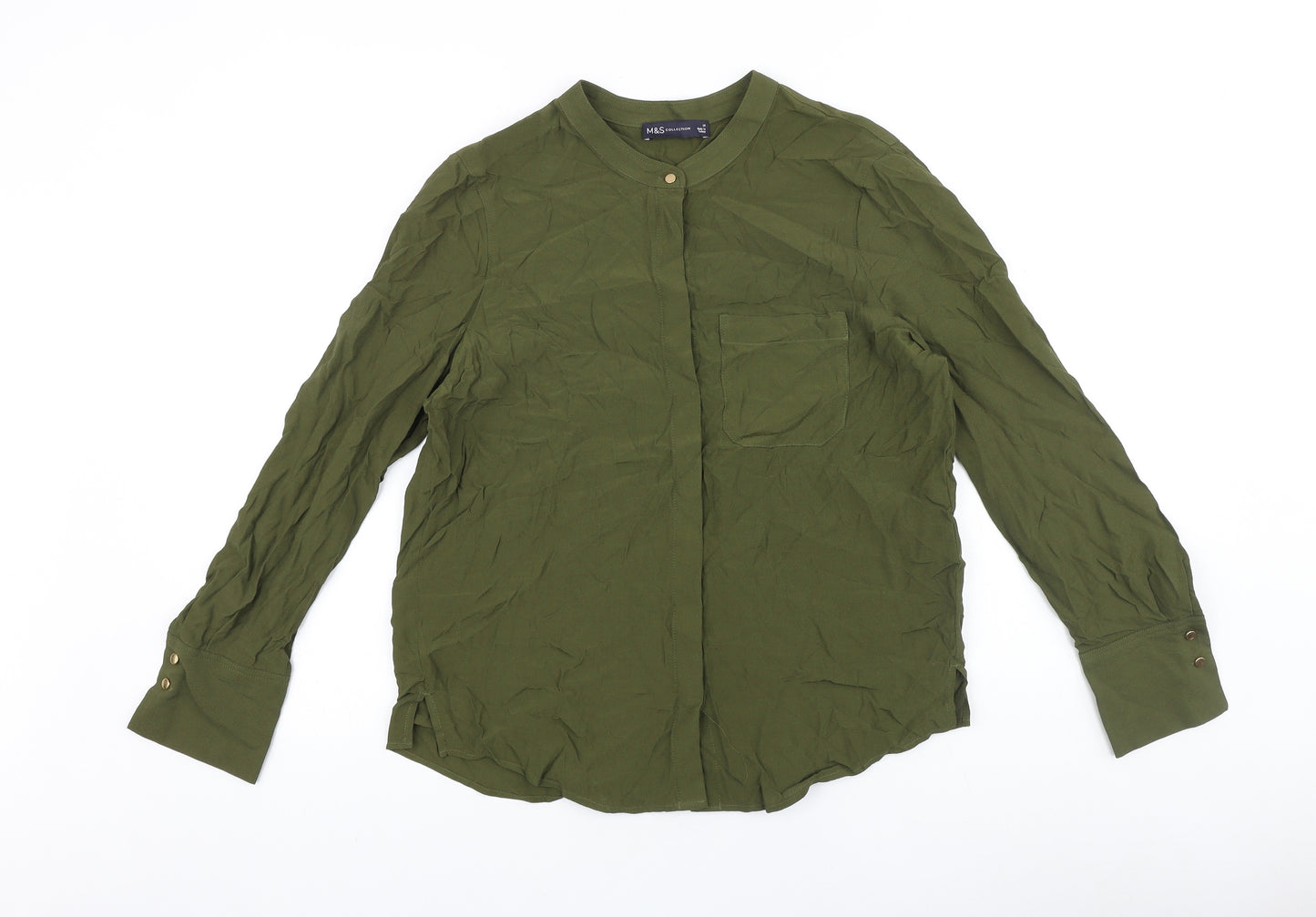 Marks and Spencer Womens Green Polyester Basic Button-Up Size 10 Round Neck