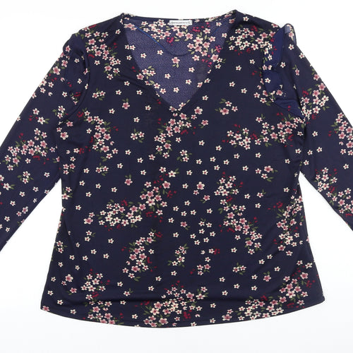 Encuentro Womens Blue Floral Viscose Basic Blouse Size XL V-Neck