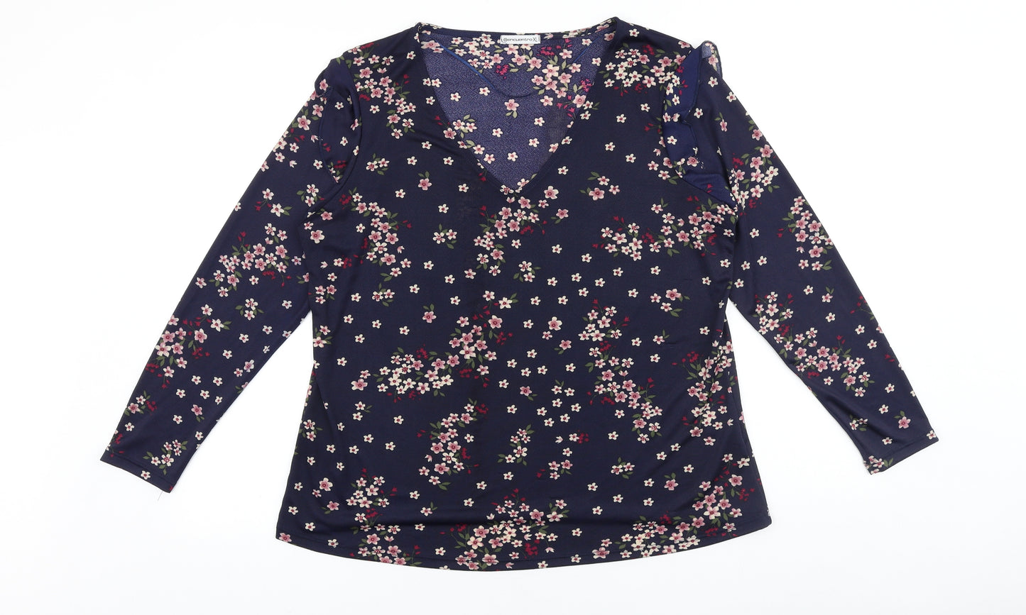 Encuentro Womens Blue Floral Viscose Basic Blouse Size XL V-Neck