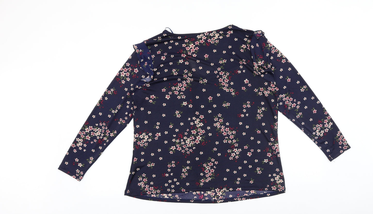Encuentro Womens Blue Floral Viscose Basic Blouse Size XL V-Neck