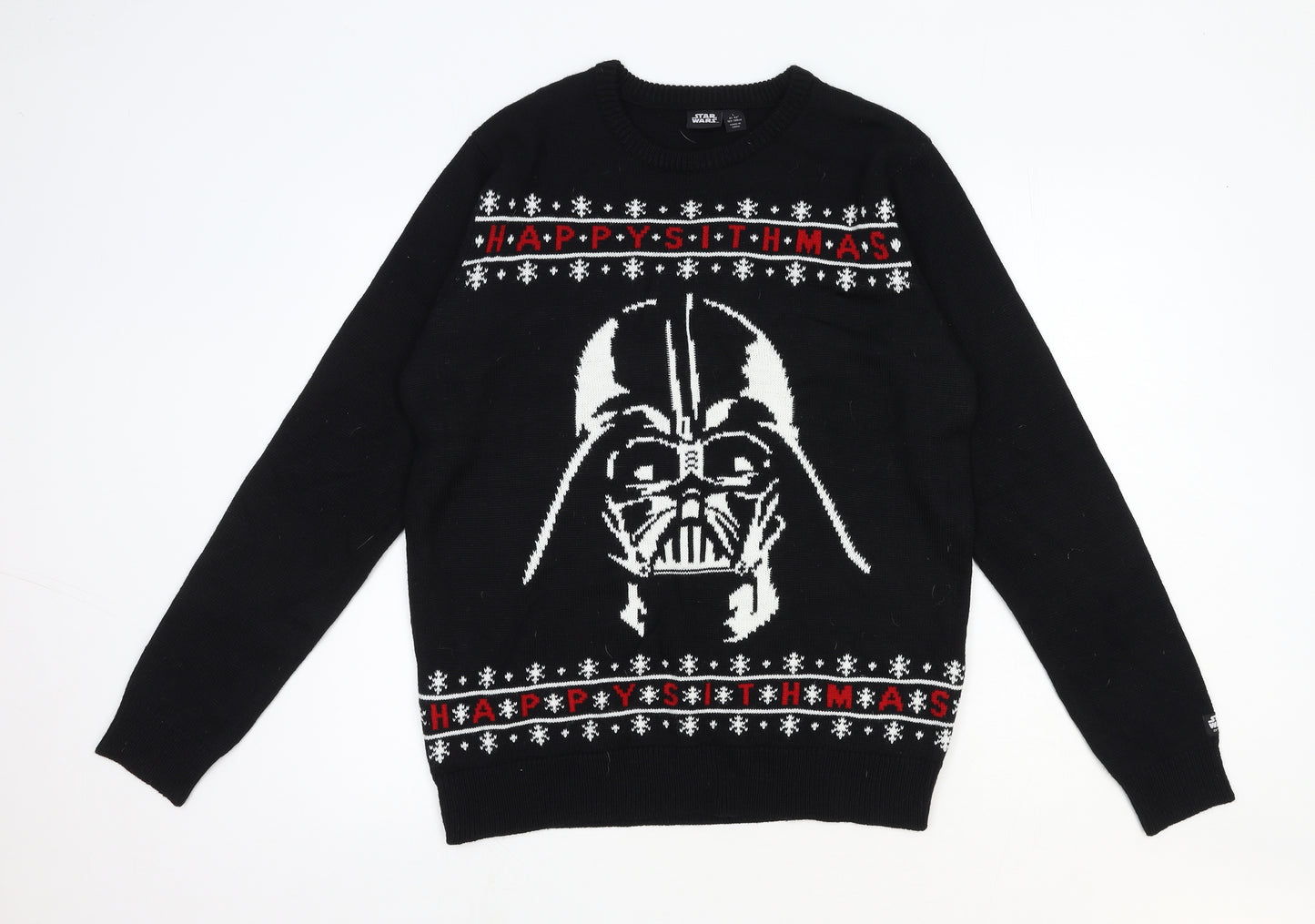 Primark Mens Black Round Neck Acrylic Pullover Jumper Size L Long Sleeve - Christmas Star Wars