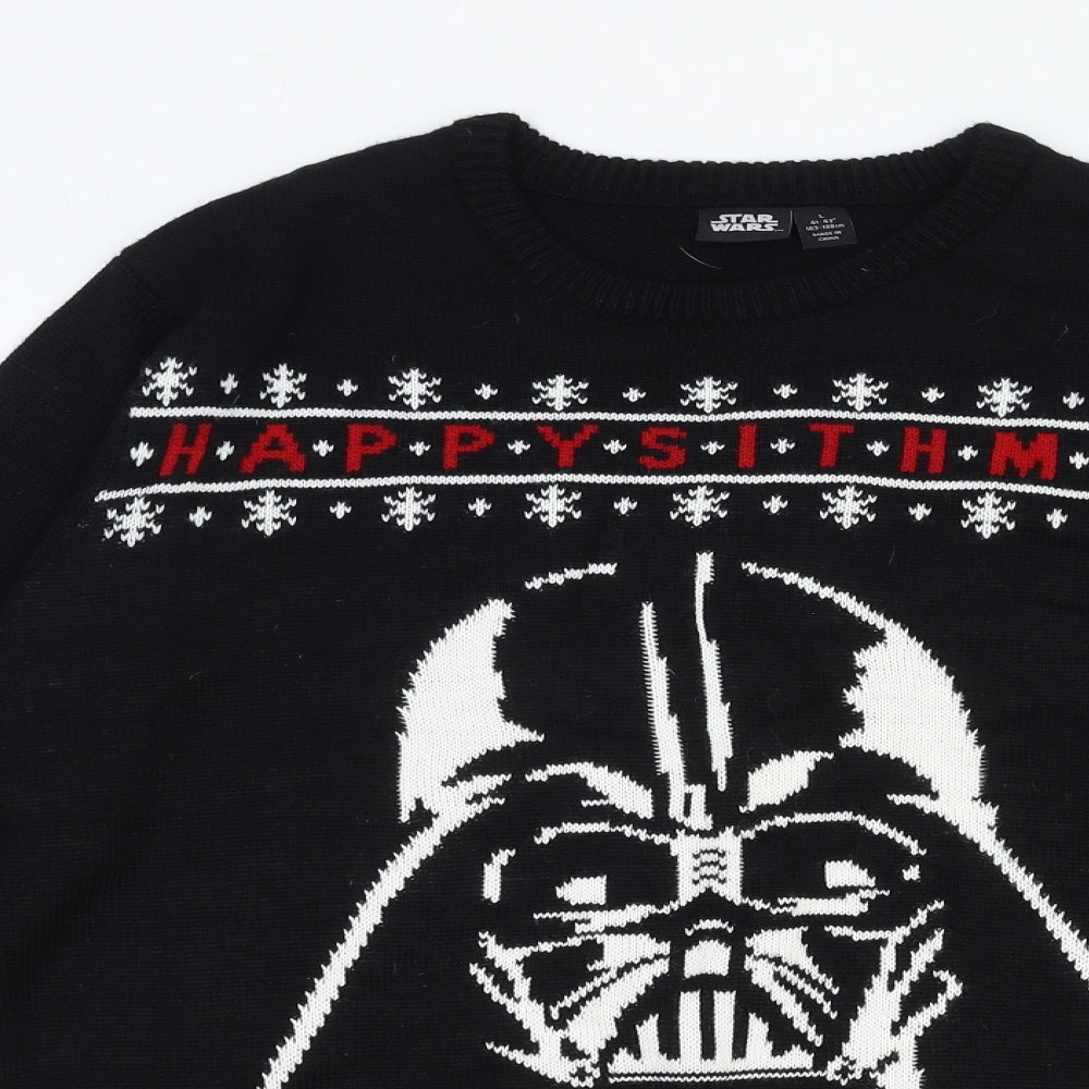Primark Mens Black Round Neck Acrylic Pullover Jumper Size L Long Sleeve - Christmas Star Wars