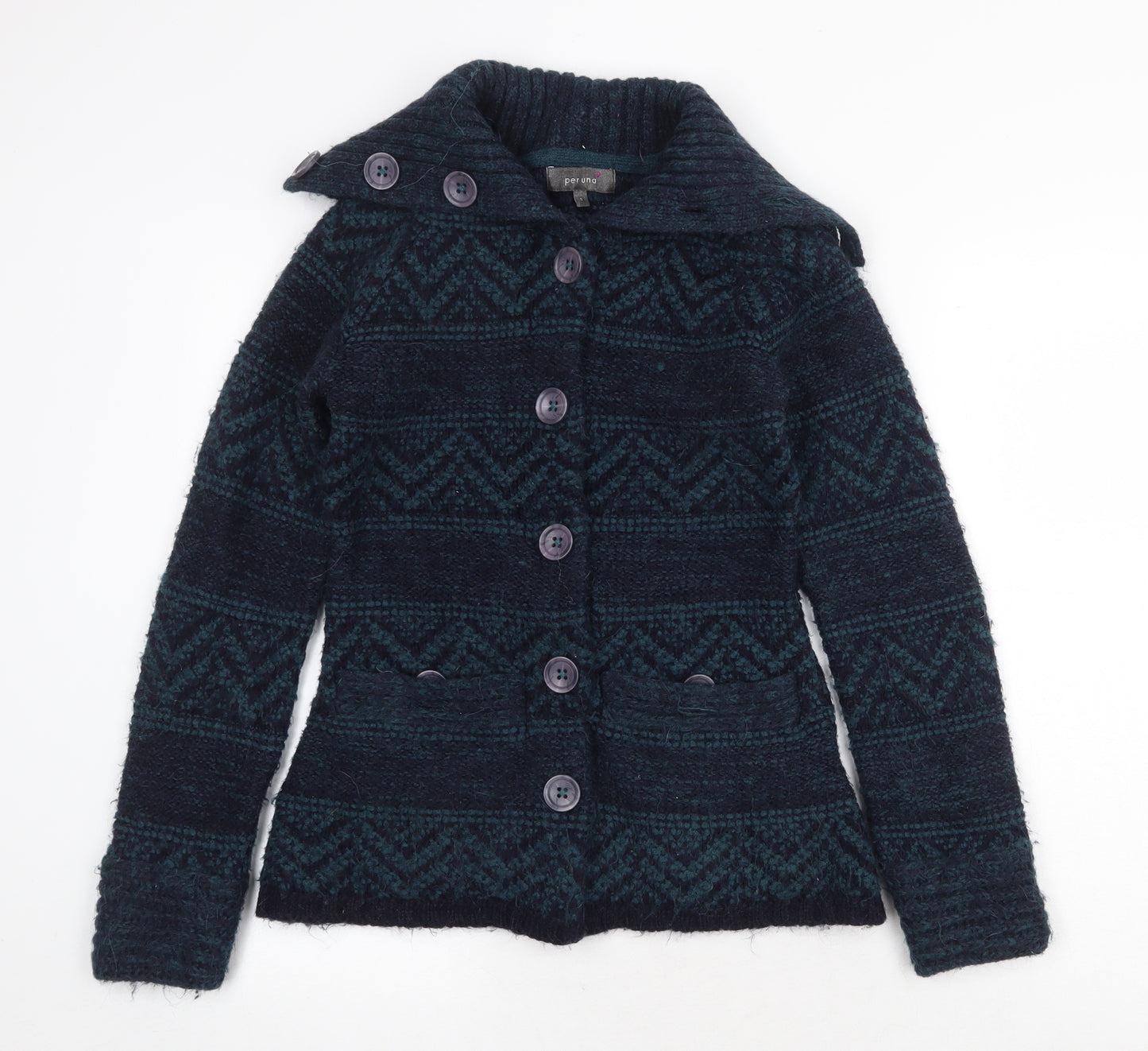 Per Una Womens Green Collared Geometric Acrylic Cardigan Jumper Size S