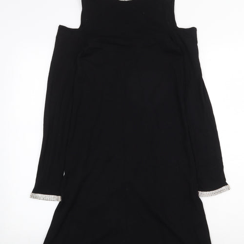 Warehouse Womens Black Viscose Trapeze & Swing Size 6 Round Neck Hook & Eye - Cold Shoulder
