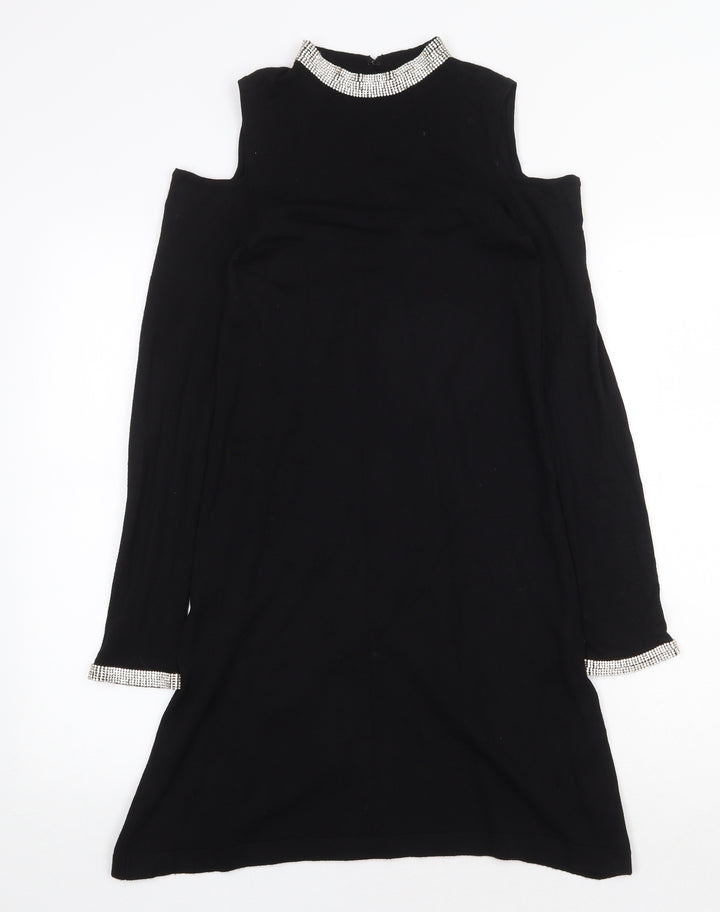 Warehouse Womens Black Viscose Trapeze & Swing Size 6 Round Neck Hook & Eye - Cold Shoulder