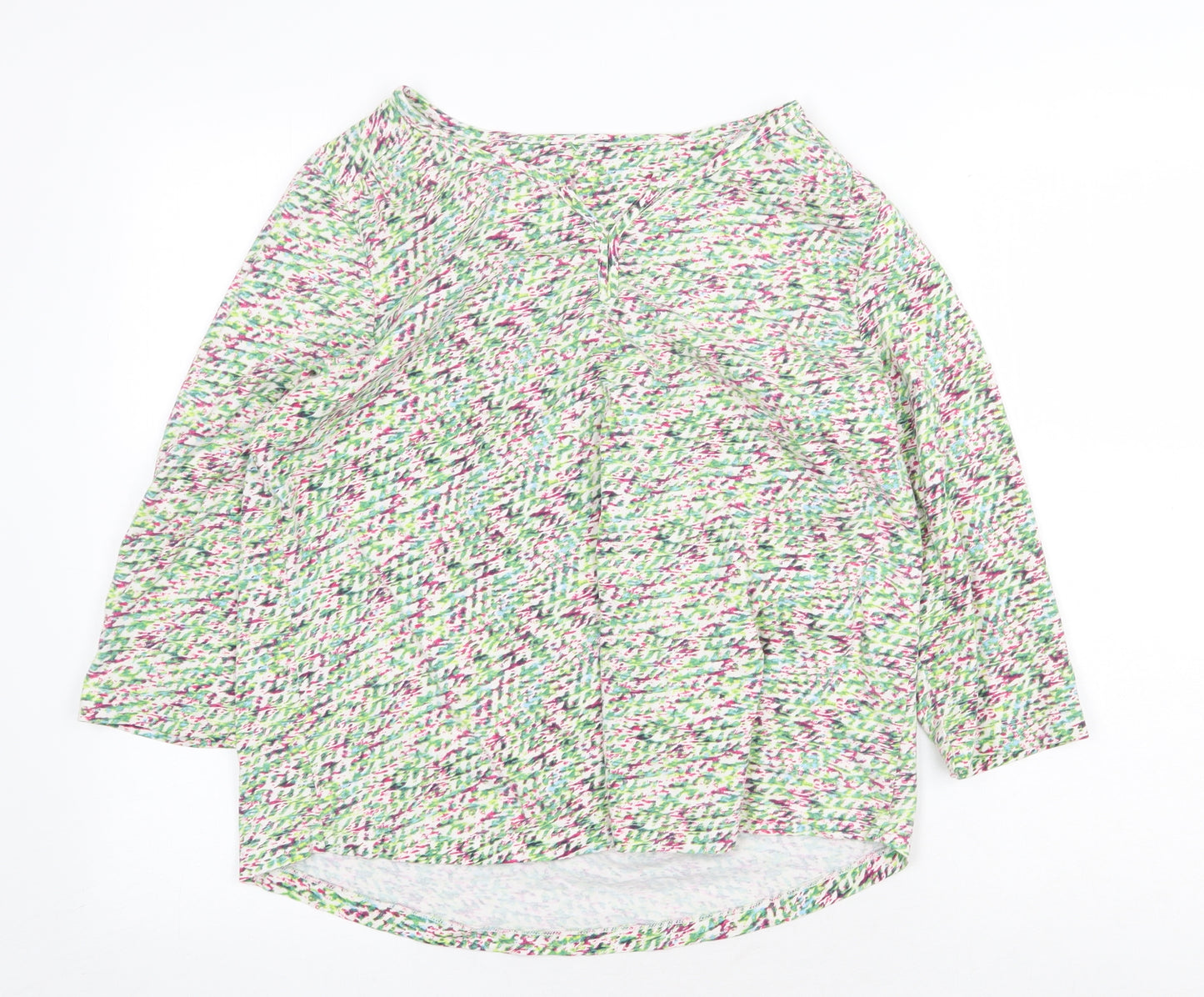 Preworn Womens Green Geometric Cotton Basic Blouse Size 10 V-Neck