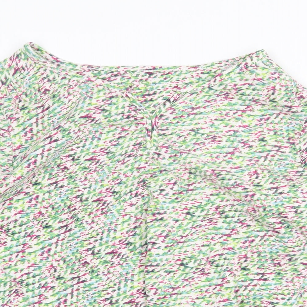 Preworn Womens Green Geometric Cotton Basic Blouse Size 10 V-Neck