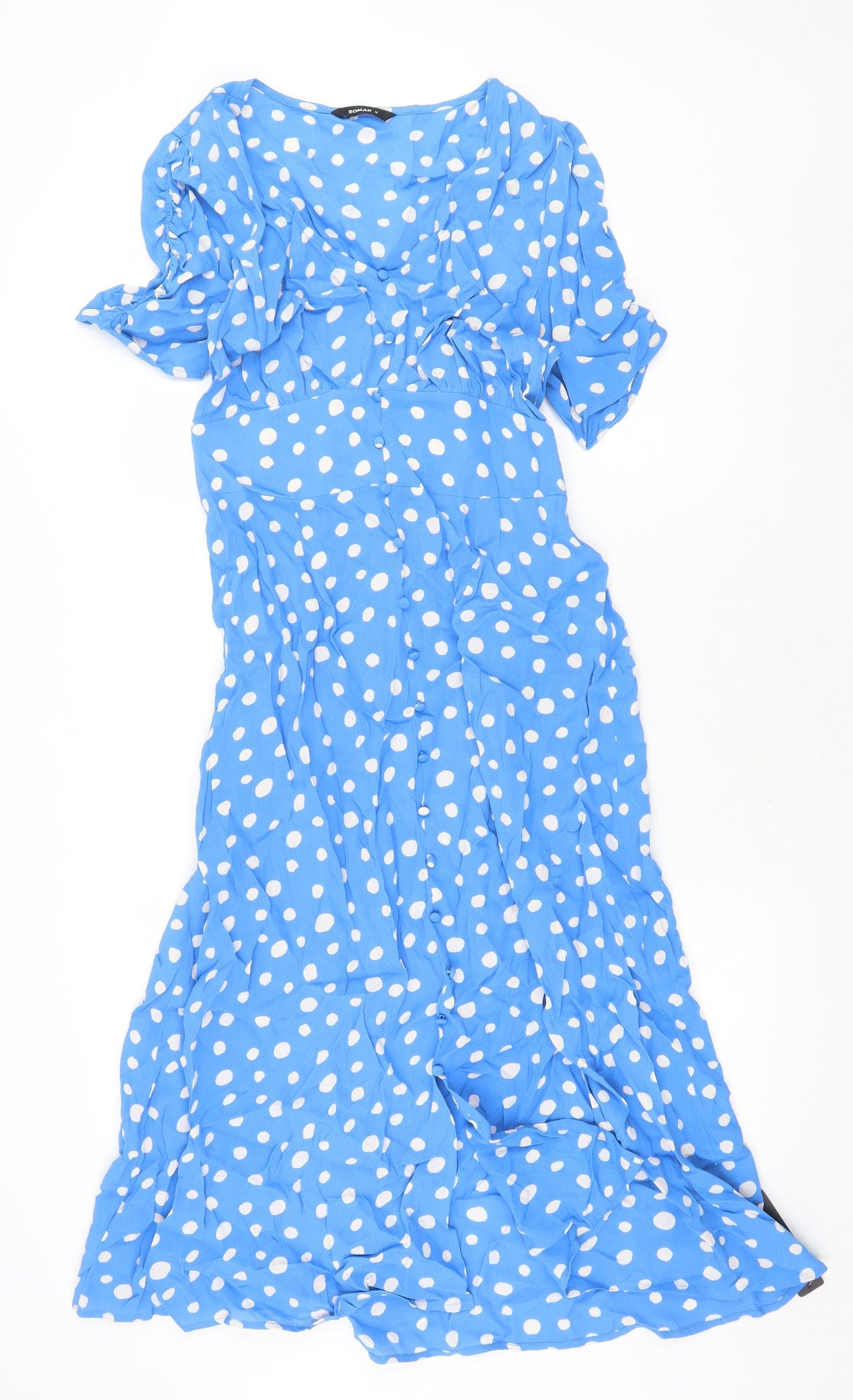 Roman Womens Blue Polka Dot Viscose Trapeze & Swing Size 10 V-Neck Button