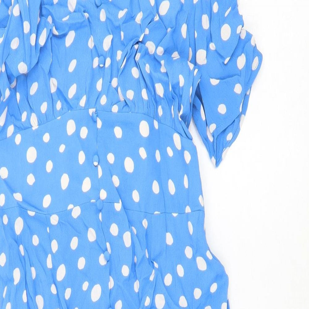 Roman Womens Blue Polka Dot Viscose Trapeze & Swing Size 10 V-Neck Button