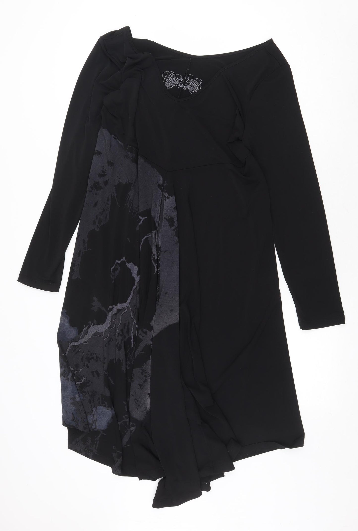 LAUREN VIDAL Womens Black Geometric Polyester Trapeze & Swing Size XL V-Neck Pullover