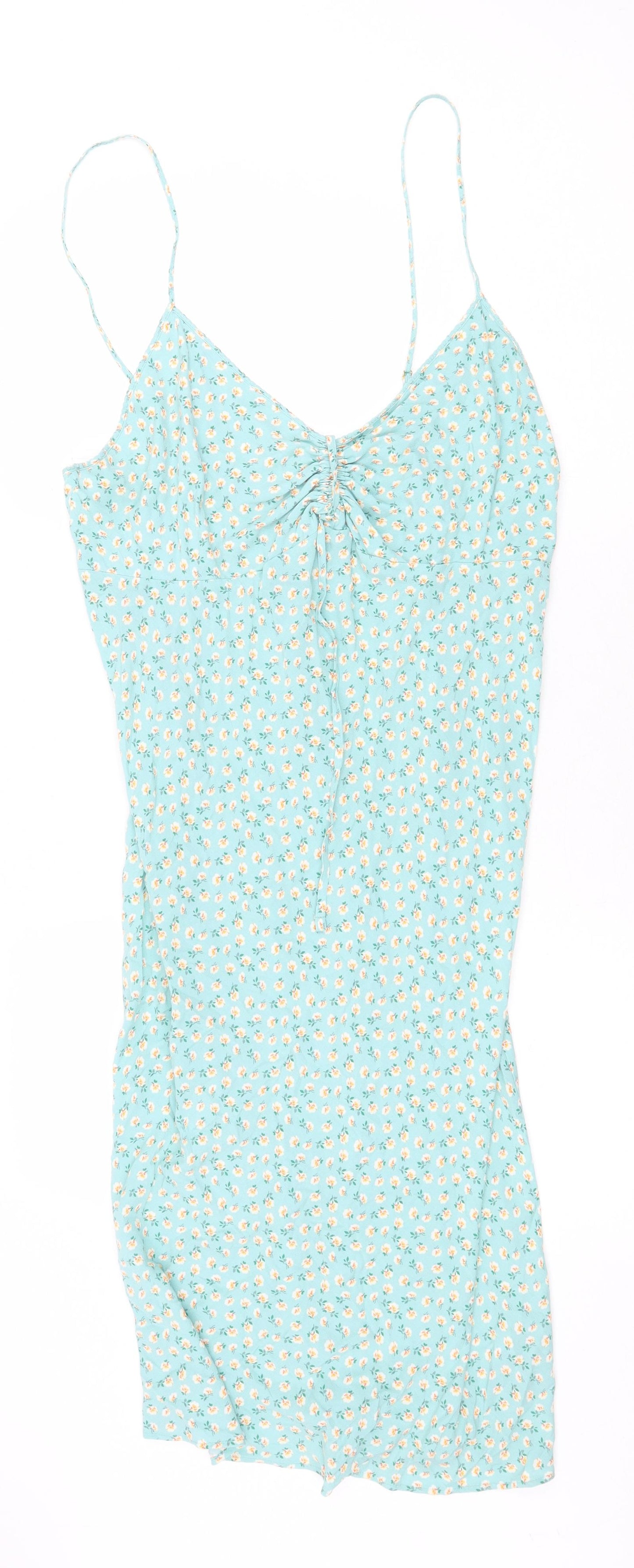 Marks and Spencer Womens Green Floral Viscose Tank Dress Size 16 V-Neck Pullover