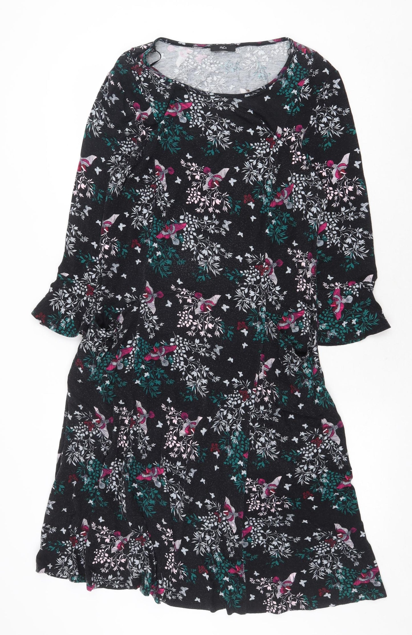 M&Co Womens Black Floral Viscose Trapeze & Swing Size 12 Round Neck Pullover