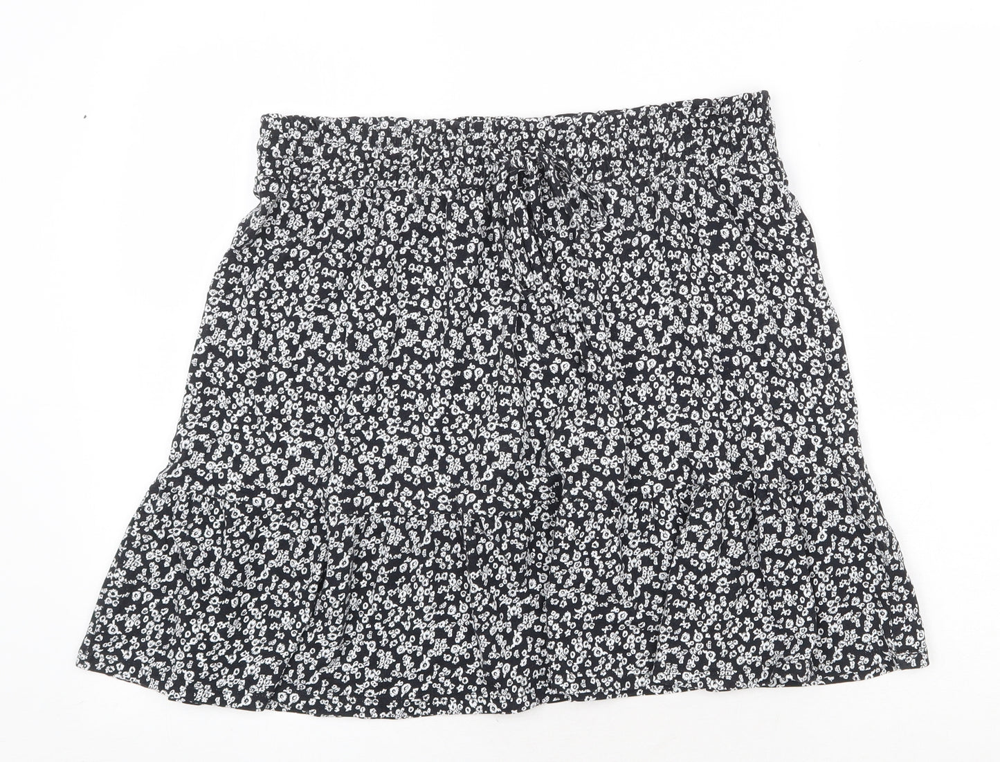 Marks and Spencer Womens Black Floral Cotton Skater Skirt Size 14 Drawstring
