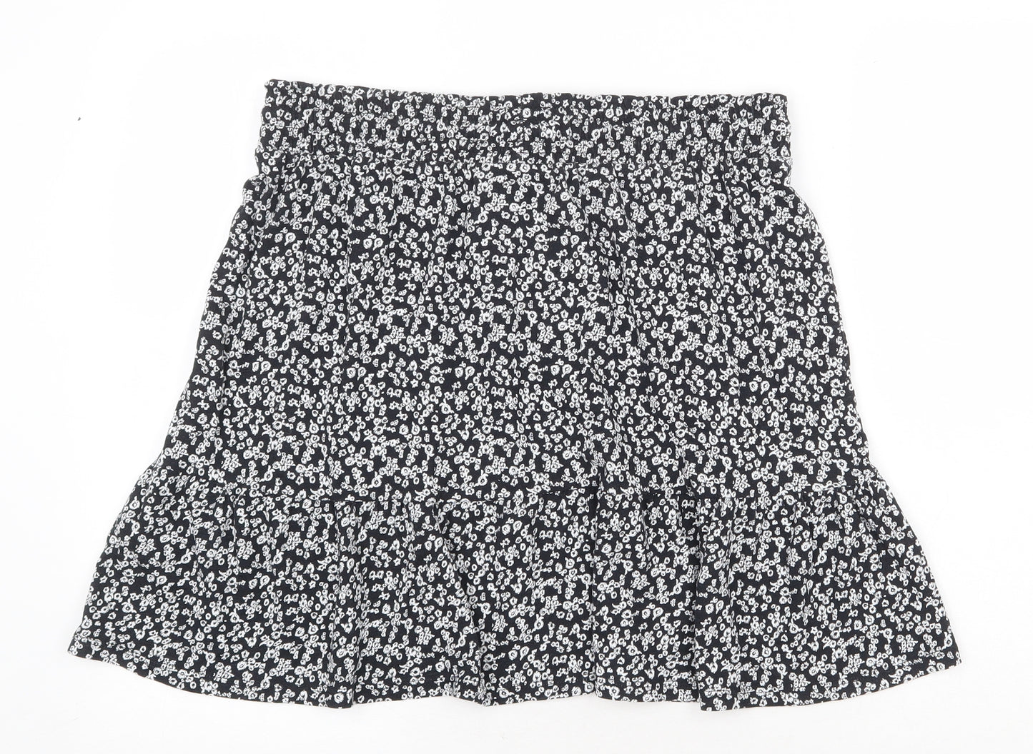 Marks and Spencer Womens Black Floral Cotton Skater Skirt Size 14 Drawstring