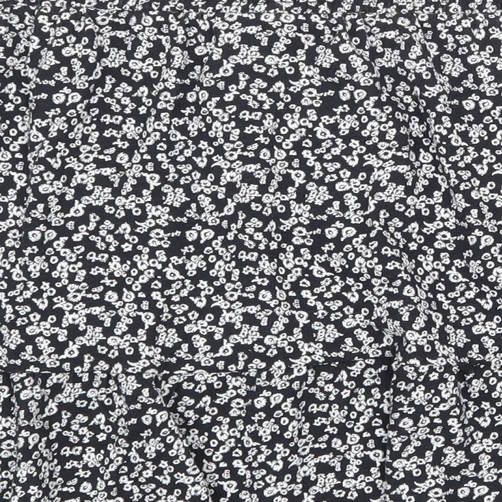 Marks and Spencer Womens Black Floral Cotton Skater Skirt Size 14 Drawstring