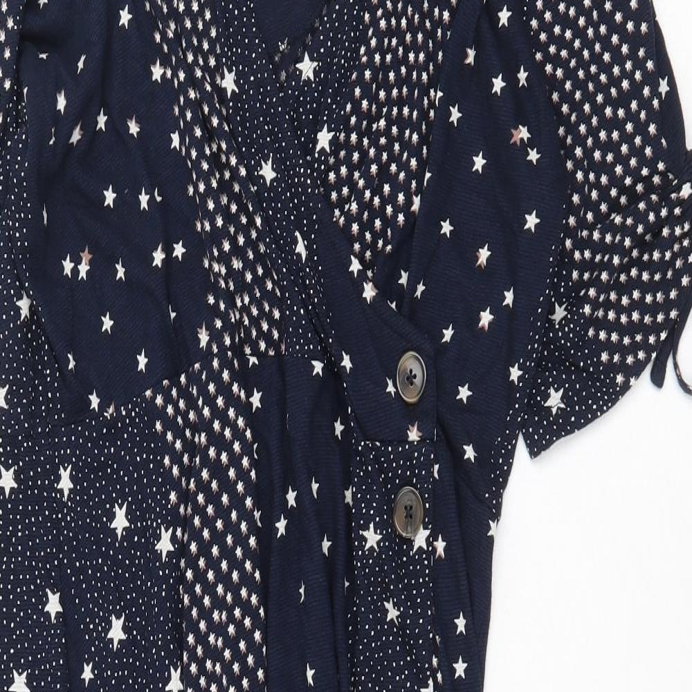 Monsoon Womens Blue Geometric Cotton A-Line Size 16 V-Neck Button
