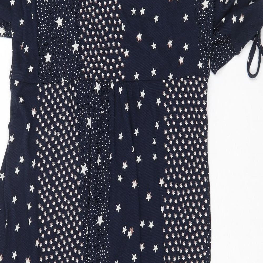 Monsoon Womens Blue Geometric Cotton A-Line Size 16 V-Neck Button