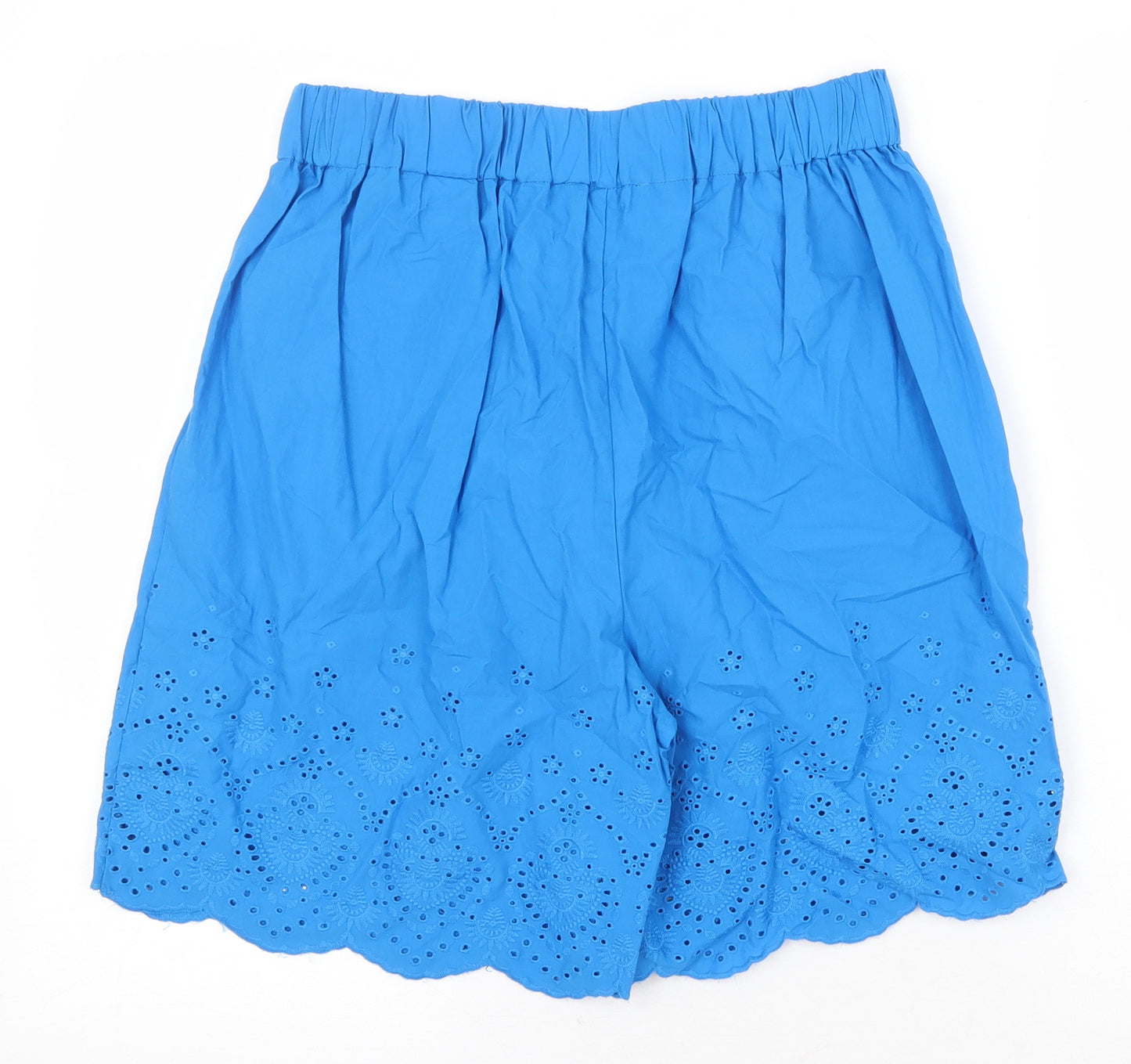 Marks and Spencer Womens Blue Viscose Culotte Shorts Size 10 Regular Pull On - Broderie Anglaise Details