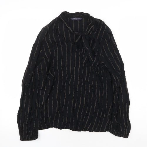 Marks and Spencer Womens Black Striped Viscose Basic Blouse Size 10 V-Neck
