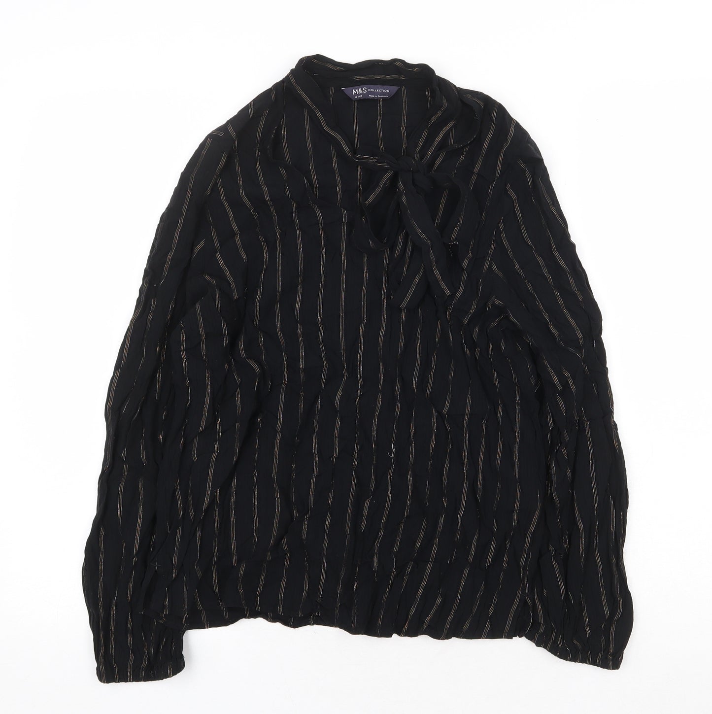 Marks and Spencer Womens Black Striped Viscose Basic Blouse Size 10 V-Neck