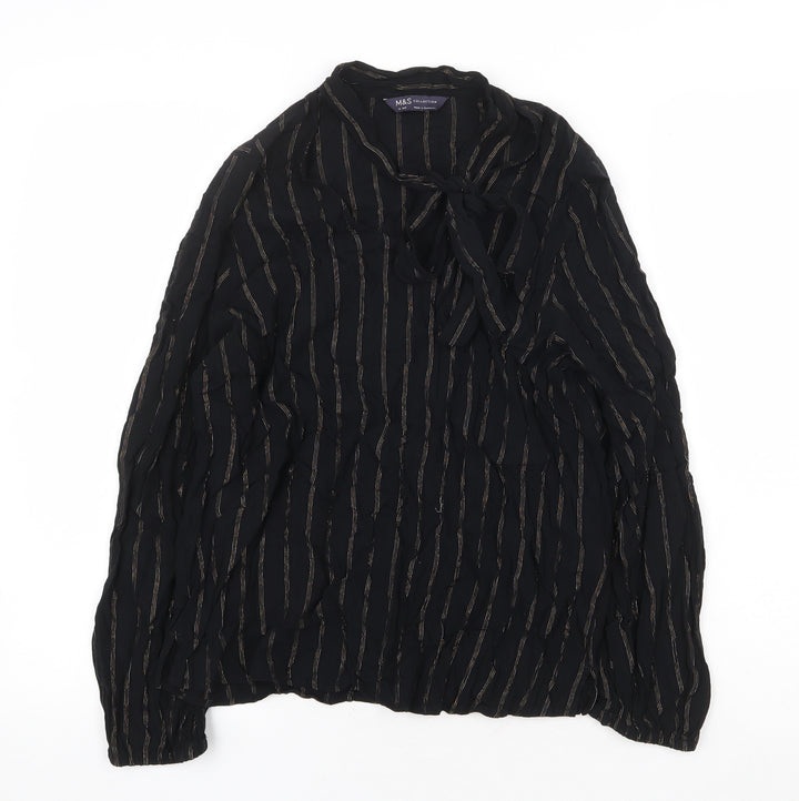 Marks and Spencer Womens Black Striped Viscose Basic Blouse Size 10 V-Neck
