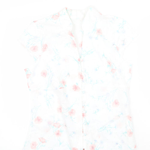 Preworn Womens White Geometric 100% Cotton Basic Button-Up Size 14 V-Neck