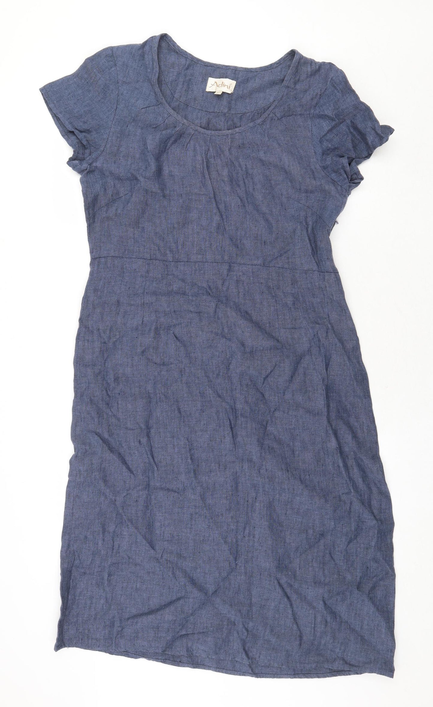 Adini Womens Blue Linen A-Line Size M Round Neck Zip