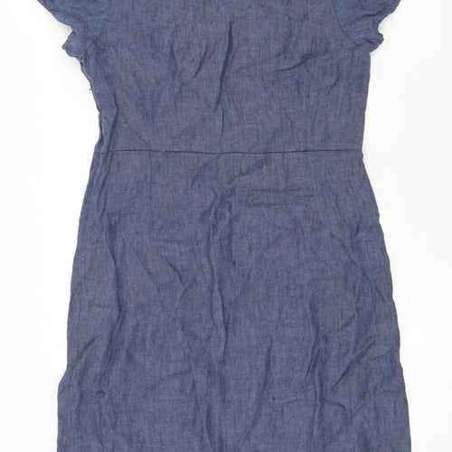 Adini Womens Blue Linen A-Line Size M Round Neck Zip